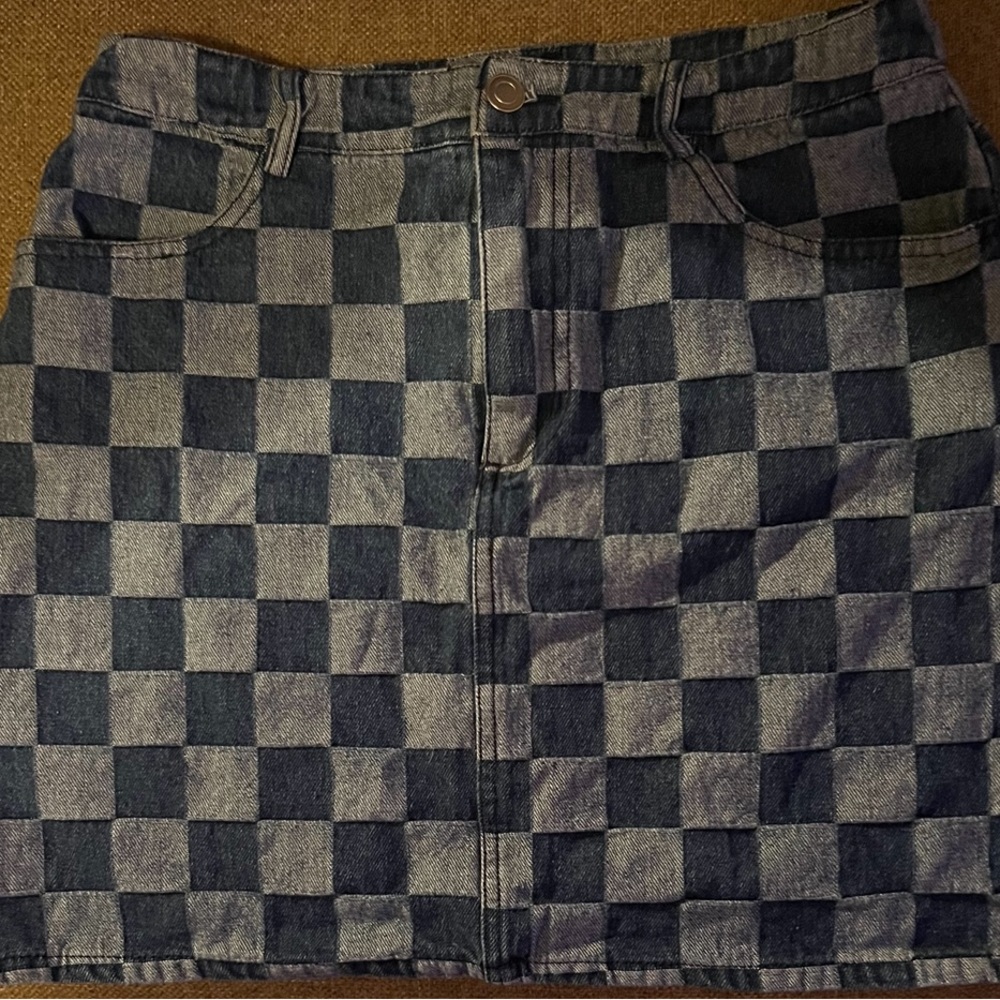 Fashion nova check on me Mini blue wash skirt size medium